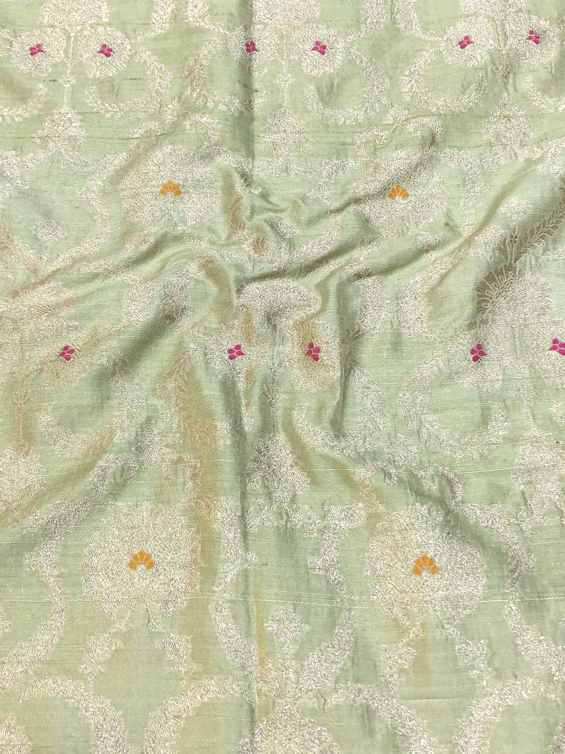 Green Banarasi Pure Raw Silk Meenakari Fabric ( 1 Mtr ) - Luxurion World