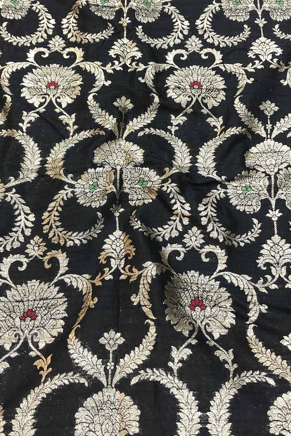 Black Banarasi Pure Raw Silk Meenakari Fabric ( 1 Mtr ) - Luxurion World