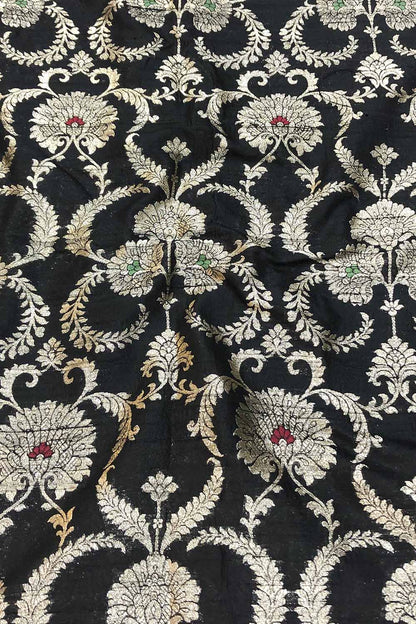 Black Banarasi Pure Raw Silk Meenakari Fabric ( 1 Mtr ) - Luxurion World