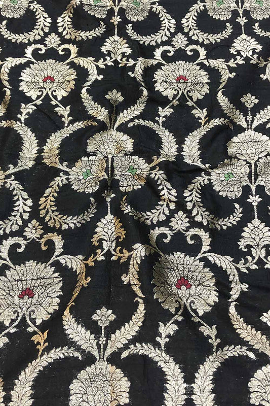 Black Banarasi Pure Raw Silk Meenakari Fabric ( 1 Mtr ) - Luxurion World