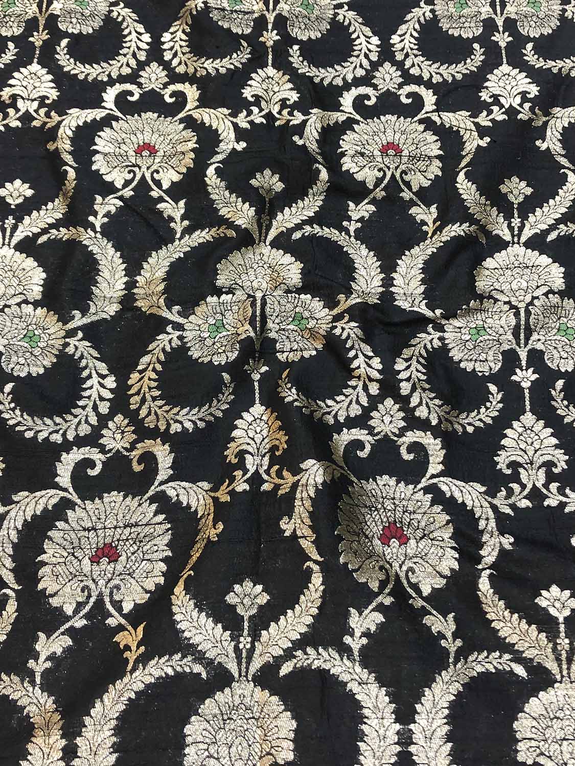 Black Banarasi Pure Raw Silk Meenakari Fabric ( 1 Mtr ) - Luxurion World