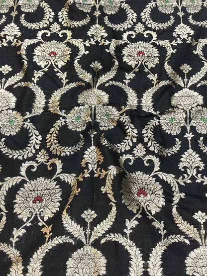 Black Banarasi Pure Raw Silk Meenakari Fabric ( 1 Mtr ) - Luxurion World
