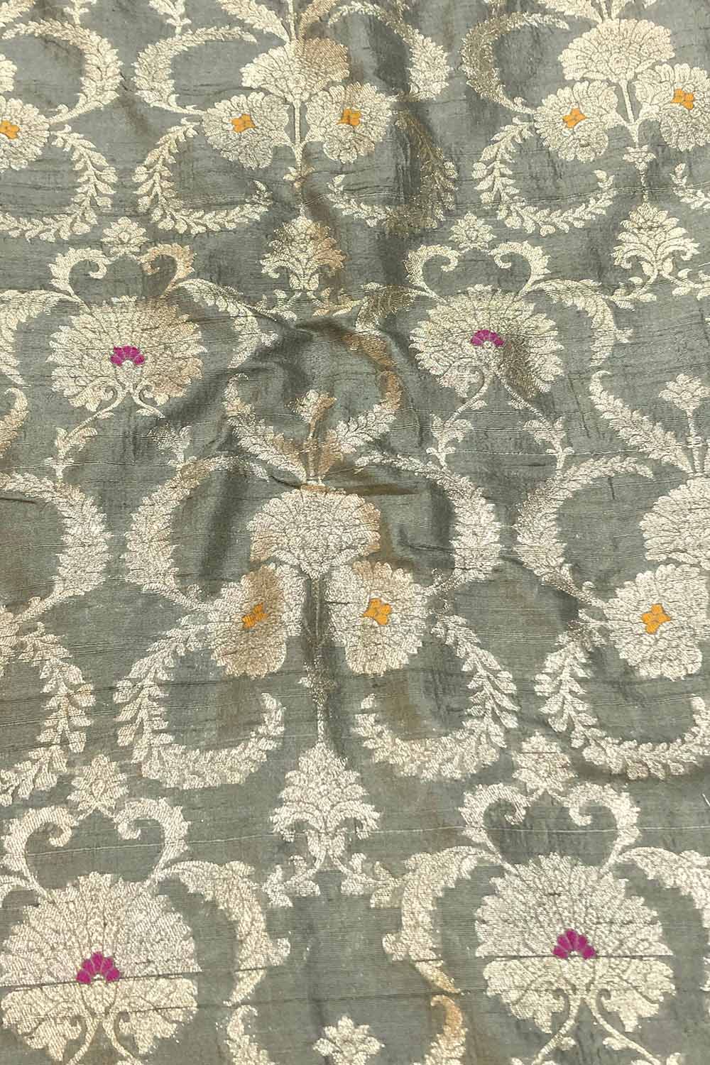 Elegant Grey Banarasi Pure Raw Silk Meenakari Fabric ( 1 Mtr ) - Luxurion World
