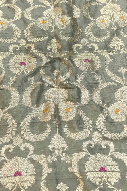 Elegant Grey Banarasi Pure Raw Silk Meenakari Fabric ( 1 Mtr ) - Luxurion World