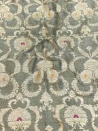 Elegant Grey Banarasi Pure Raw Silk Meenakari Fabric ( 1 Mtr ) - Luxurion World