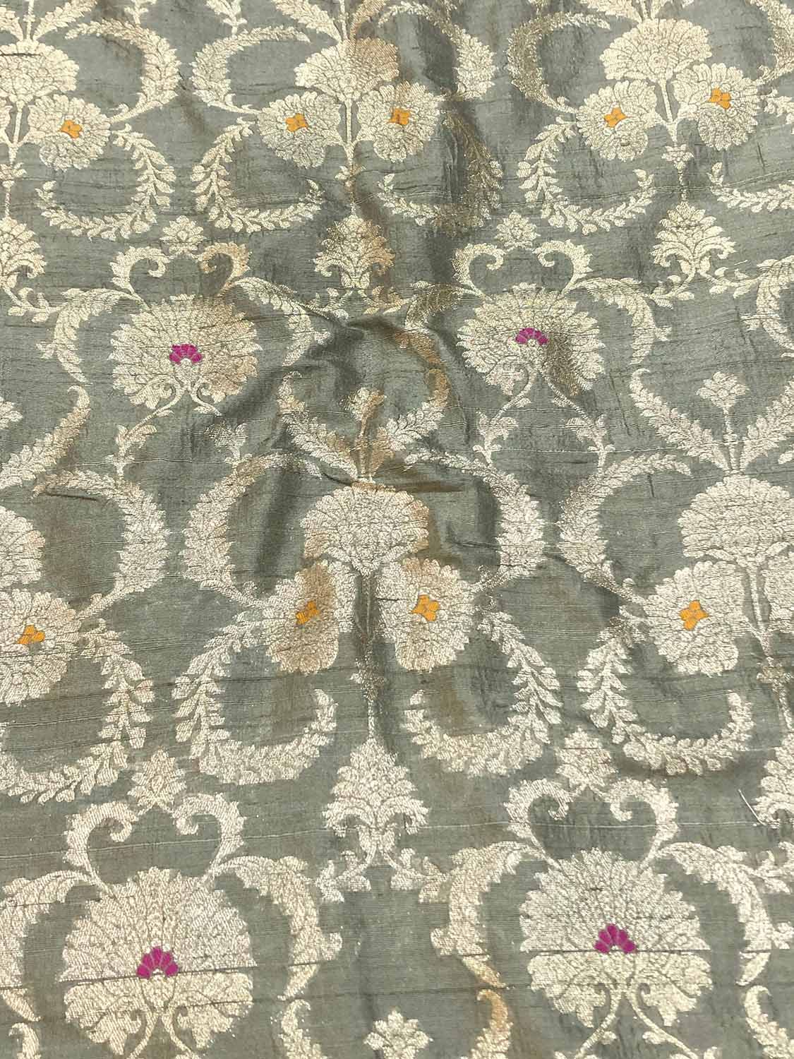 Elegant Grey Banarasi Pure Raw Silk Meenakari Fabric ( 1 Mtr ) - Luxurion World