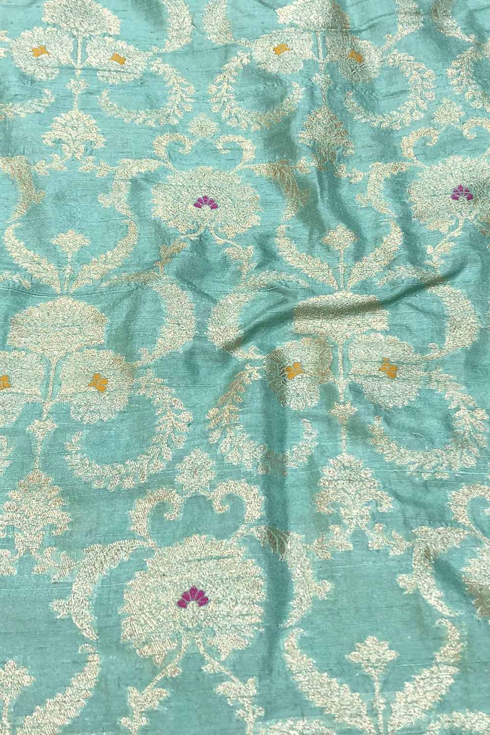 Blue Banarasi Pure Raw Silk Meenakari Fabric ( 1 Mtr ) - Luxurion World