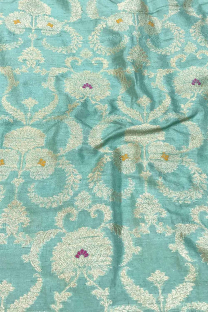 Blue Banarasi Pure Raw Silk Meenakari Fabric ( 1 Mtr ) - Luxurion World
