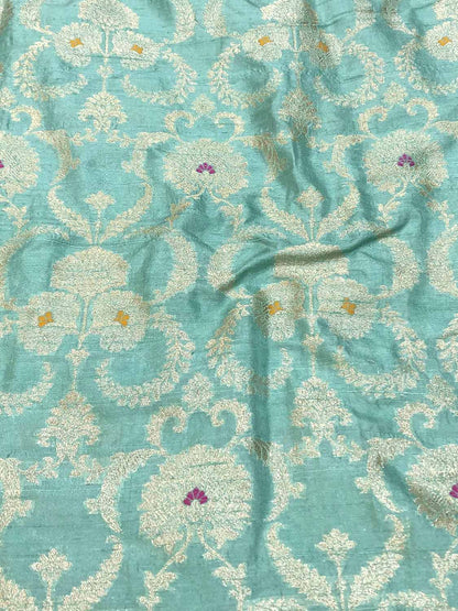 Blue Banarasi Pure Raw Silk Meenakari Fabric ( 1 Mtr ) - Luxurion World