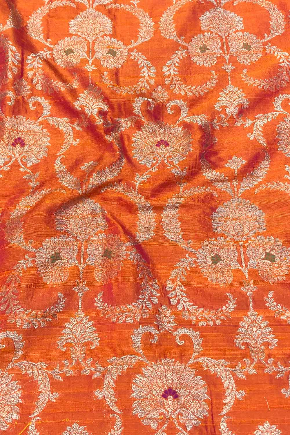 Orange Banarasi Pure Raw Silk Meenakari Fabric ( 1 Mtr ) - Luxurion World