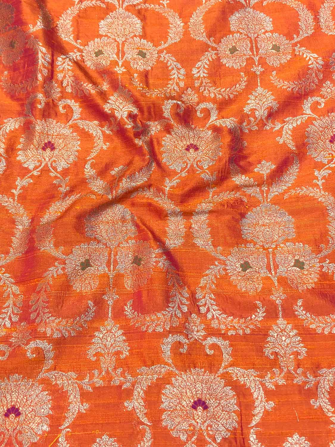 Orange Banarasi Pure Raw Silk Meenakari Fabric ( 1 Mtr ) - Luxurion World