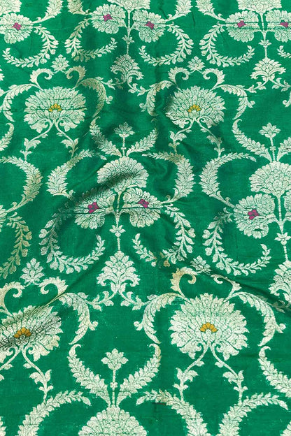Green Banarasi Pure Raw Silk Meenakari Fabric ( 1 Mtr ) - Luxurion World
