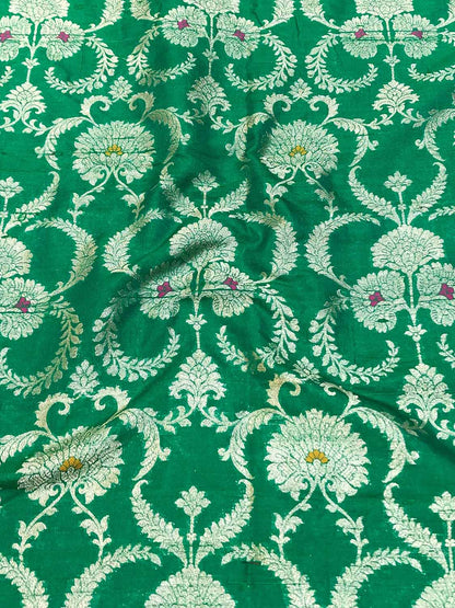 Green Banarasi Pure Raw Silk Meenakari Fabric ( 1 Mtr ) - Luxurion World