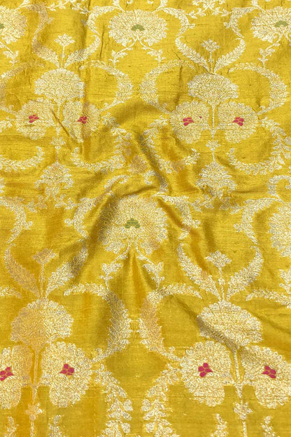 Yellow Banarasi Pure Raw Silk Meenakari Fabric ( 1 Mtr ) - Luxurion World