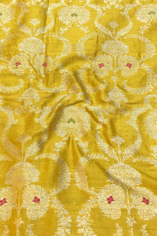 Yellow Banarasi Pure Raw Silk Meenakari Fabric ( 1 Mtr ) - Luxurion World