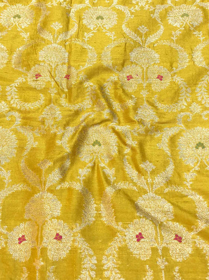 Yellow Banarasi Pure Raw Silk Meenakari Fabric ( 1 Mtr ) - Luxurion World