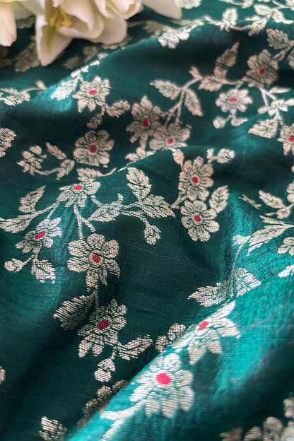 Green Banarasi Raw Silk Flower Design Meenakari Flower Design Fabric ( 1 Mtr ) - Luxurion World