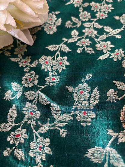 Green Banarasi Raw Silk Flower Design Meenakari Flower Design Fabric ( 1 Mtr ) - Luxurion World