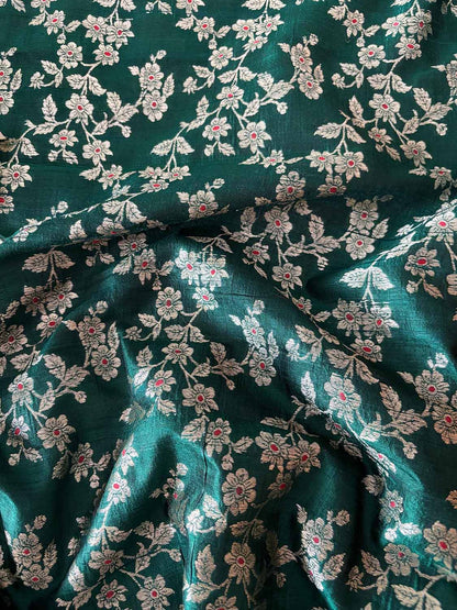 Green Banarasi Raw Silk Flower Design Meenakari Flower Design Fabric ( 1 Mtr ) - Luxurion World