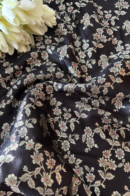Elegant Black Banarasi Raw Silk Flower Design Meenakari Flower Design Fabric ( 1 Mtr ) - Luxurion World