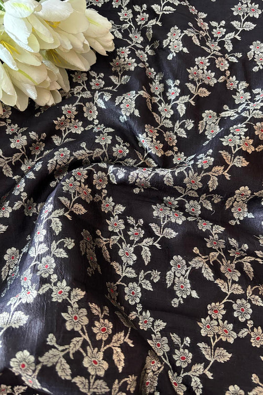 Elegant Black Banarasi Raw Silk Flower Design Meenakari Flower Design Fabric ( 1 Mtr ) - Luxurion World
