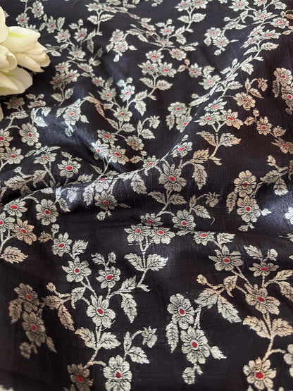Elegant Black Banarasi Raw Silk Flower Design Meenakari Flower Design Fabric ( 1 Mtr ) - Luxurion World