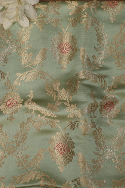 Green Handloom Banarasi Pure Katan Silk Meenakari Fabric ( 1 Mtr ) - Luxurion World