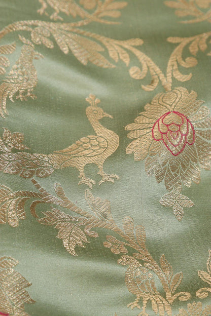 Green Handloom Banarasi Pure Katan Silk Meenakari Fabric ( 1 Mtr ) - Luxurion World