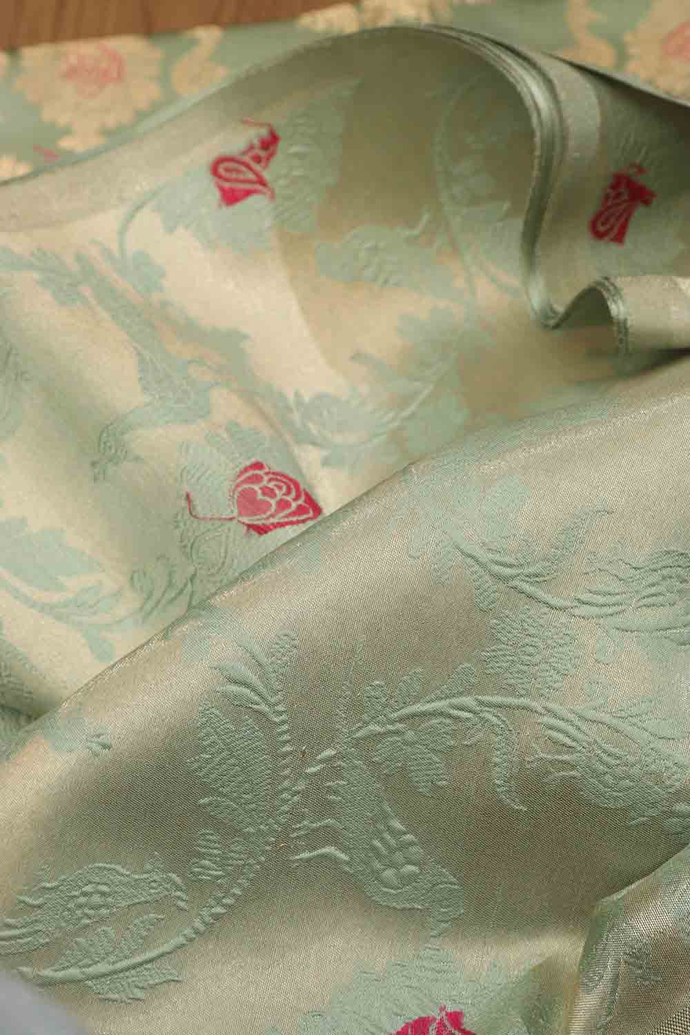 Green Handloom Banarasi Pure Katan Silk Meenakari Fabric ( 1 Mtr ) - Luxurion World