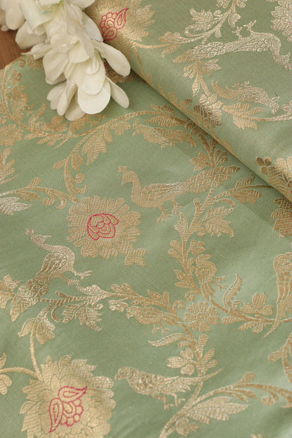 Green Handloom Banarasi Pure Katan Silk Meenakari Fabric ( 1 Mtr ) - Luxurion World