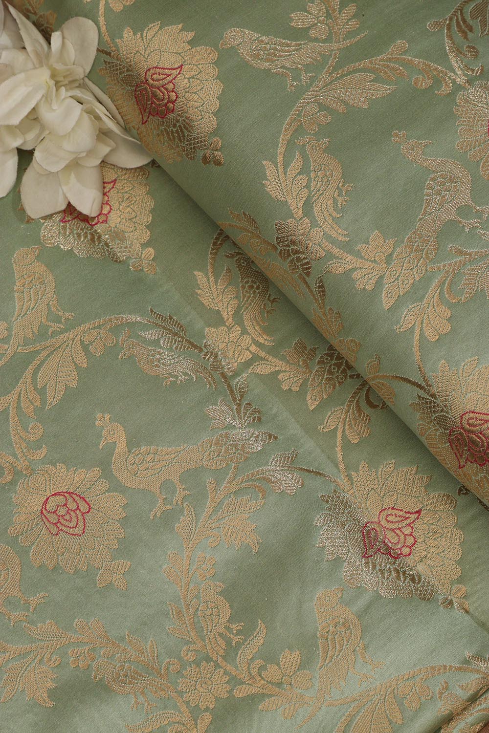 Green Handloom Banarasi Pure Katan Silk Meenakari Fabric ( 1 Mtr ) - Luxurion World