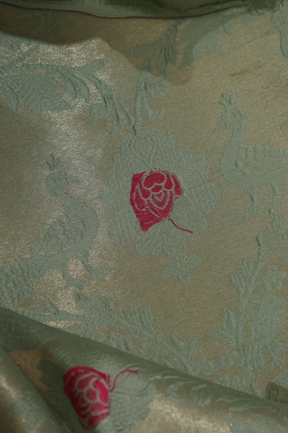 Green Handloom Banarasi Pure Katan Silk Meenakari Fabric ( 1 Mtr ) - Luxurion World