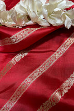 Red Banarasi Handloom Pure Silk Stripes Design Fabric ( 1 Mtr ) - Luxurion World