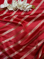Red Banarasi Handloom Pure Silk Stripes Design Fabric ( 1 Mtr ) - Luxurion World