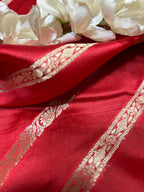Red Banarasi Handloom Pure Silk Stripes Design Fabric ( 1 Mtr ) - Luxurion World