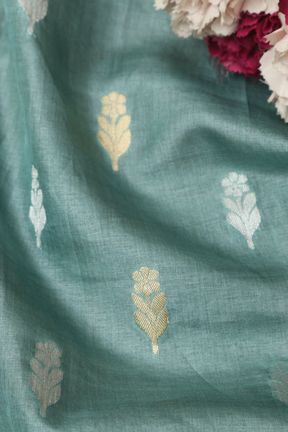 Exquisite Blue Banarasi Handloom Tussar Silk Sona Roopa Fabric ( 2.5 Mtr ) - Luxurion World
