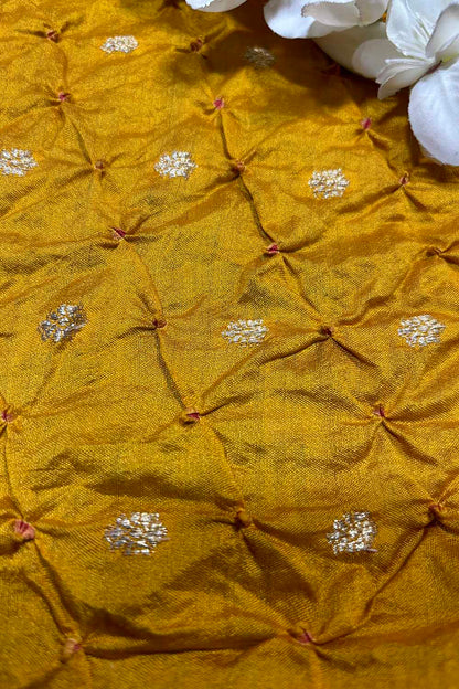 Yellow Banarasi Bandhani Handloom Chiniya Silk Fabric ( 2.5 Mtr ) - Luxurion World