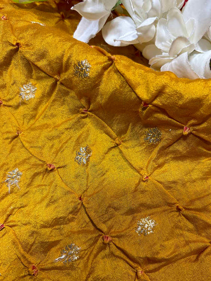 Yellow Banarasi Bandhani Handloom Chiniya Silk Fabric ( 2.5 Mtr ) - Luxurion World
