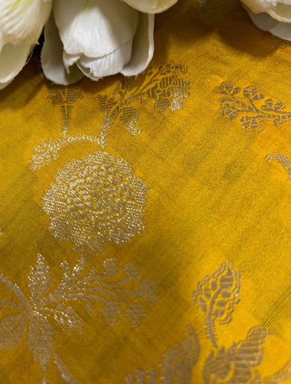 Yellow Banarasi Handloom Chiniya Silk Fabric ( 2.5 Mtr ) - Luxurion World