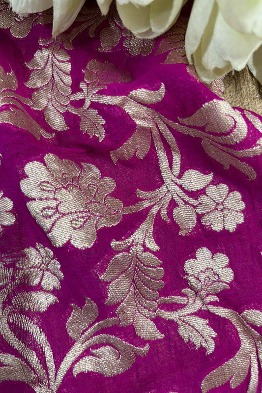 Elegant Purple Banarasi Handloom Pure Georgette Fabric ( 2.5 Mtr ) - Luxurion World