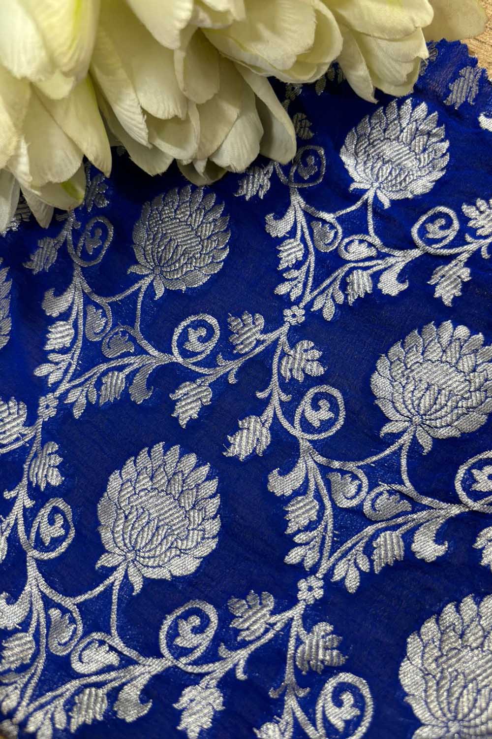 Blue Banarasi Handloom Pure Georgette Fabric ( 2.5 Mtr ) - Luxurion World