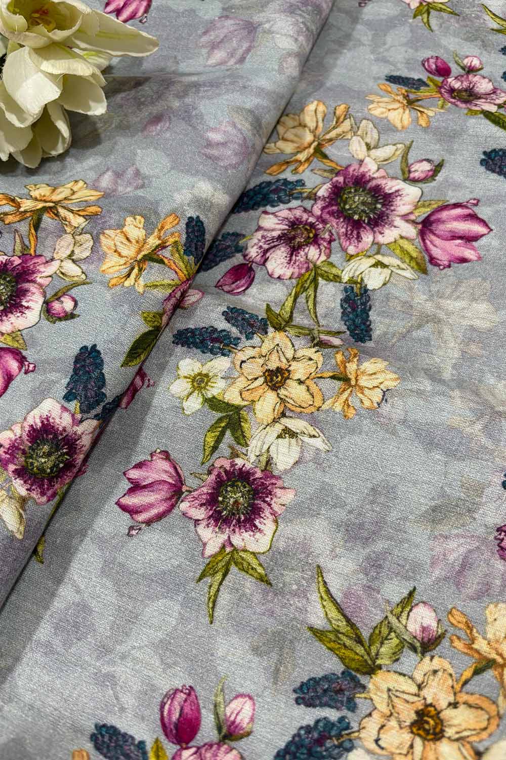 Grey Digital Printed Linen Flower Design Fabric ( 1 Mtr ) - Luxurion World