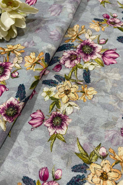 Grey Digital Printed Linen Flower Design Fabric ( 1 Mtr ) - Luxurion World