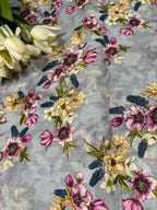 Grey Digital Printed Linen Flower Design Fabric ( 1 Mtr ) - Luxurion World