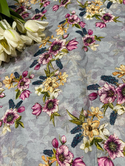 Grey Digital Printed Linen Flower Design Fabric ( 1 Mtr ) - Luxurion World