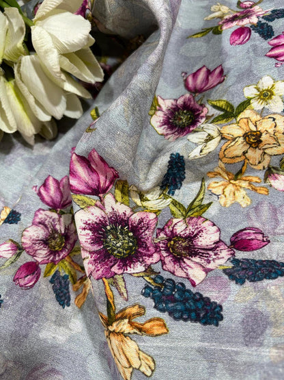 Grey Digital Printed Linen Flower Design Fabric ( 1 Mtr ) - Luxurion World