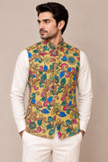 Yellow Digital Print Kalamkari Tussar Silk Nehru Jacket Festive
