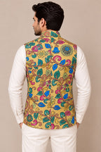 Yellow Digital Print Kalamkari Tussar Silk Nehru Jacket Festive