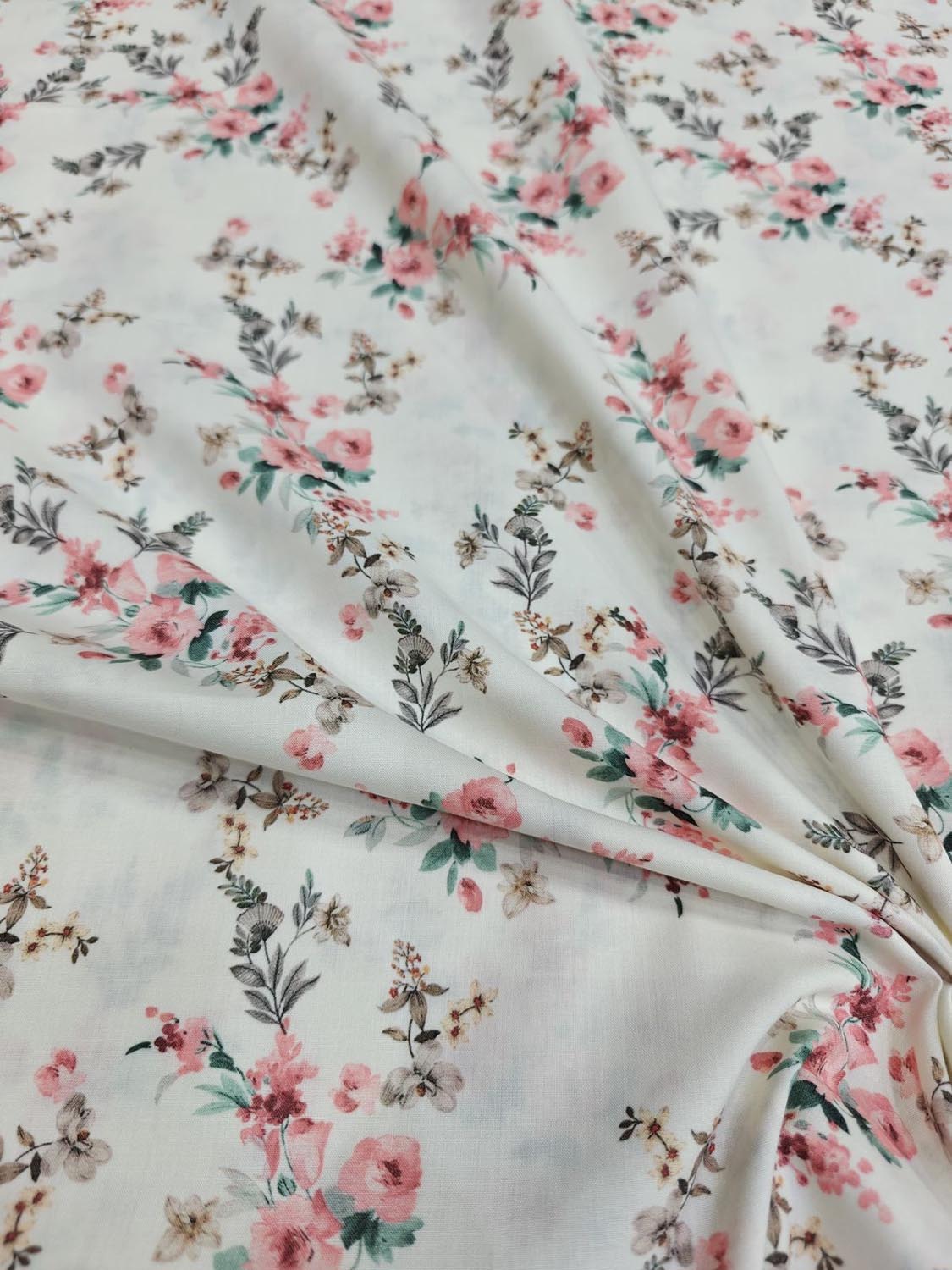 Off White Digital Printed Cotton Fabric - Stylish Designs - Luxurion World