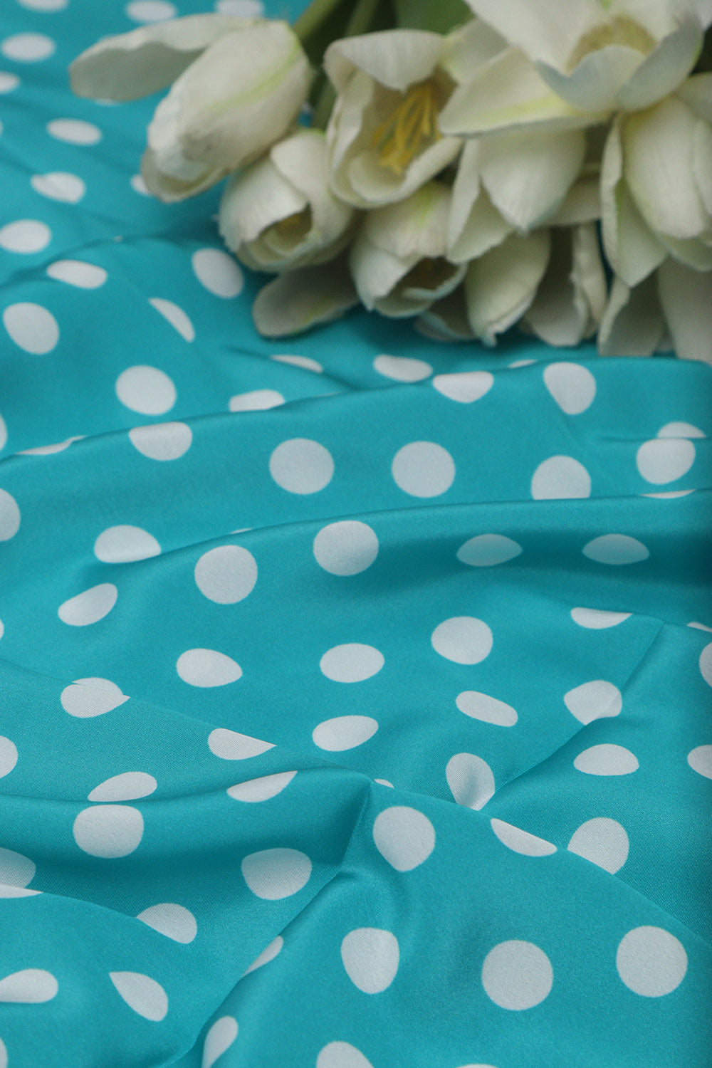 Blue Digital Printed Crepe Polka Dot Fabric ( 1 Mtr ) - Luxurion World